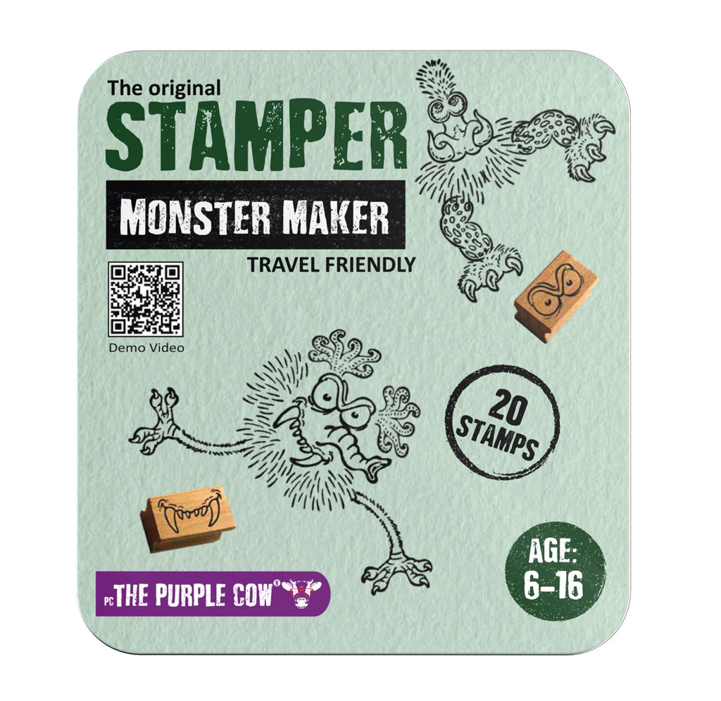 Stamper Monster Maker packaging with illustrations of monsters on a light green background