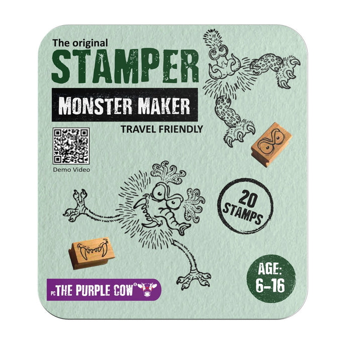 Stamper Monster Maker packaging with illustrations of monsters on a light green background