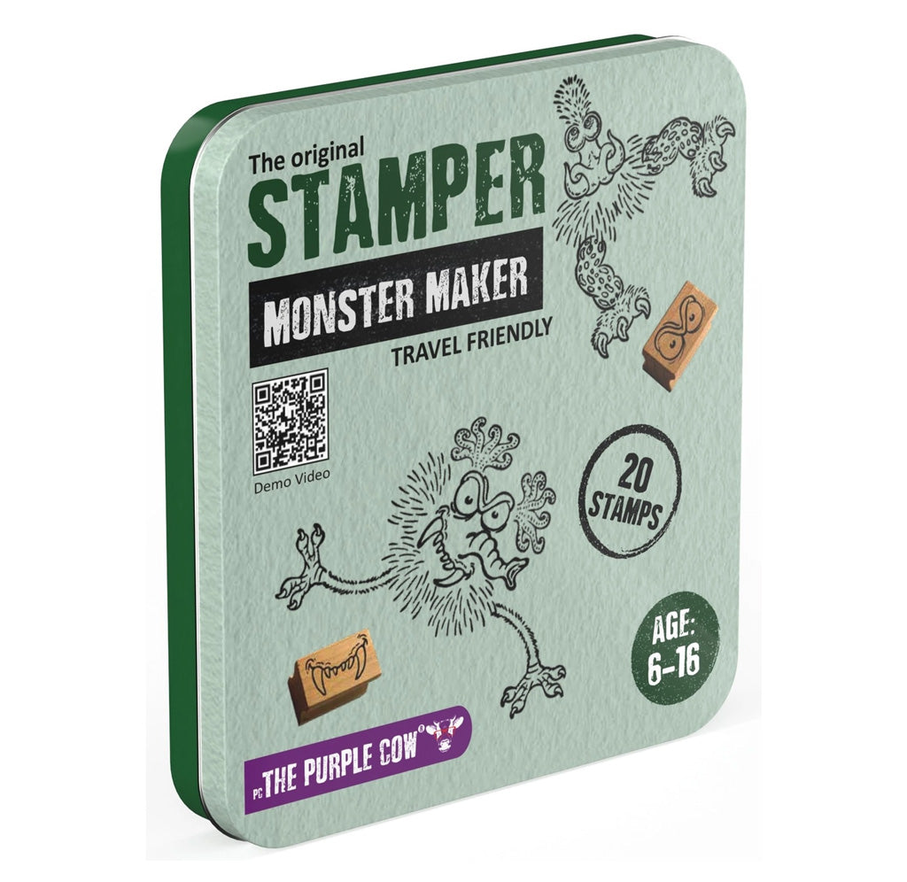 Stamper Monster Maker packaging with illustrations of monsters on a light green background
