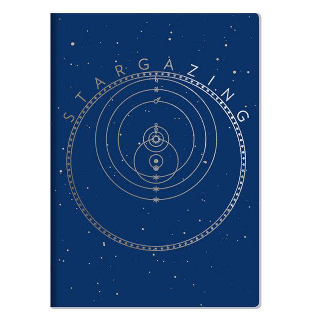 Front cover of the stargazing notebook with a blue background and silver text