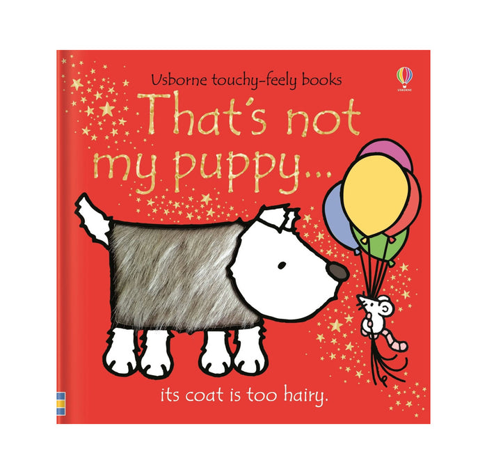 Book cover of 'That's Not My Puppy' with a dog and balloons on a red background