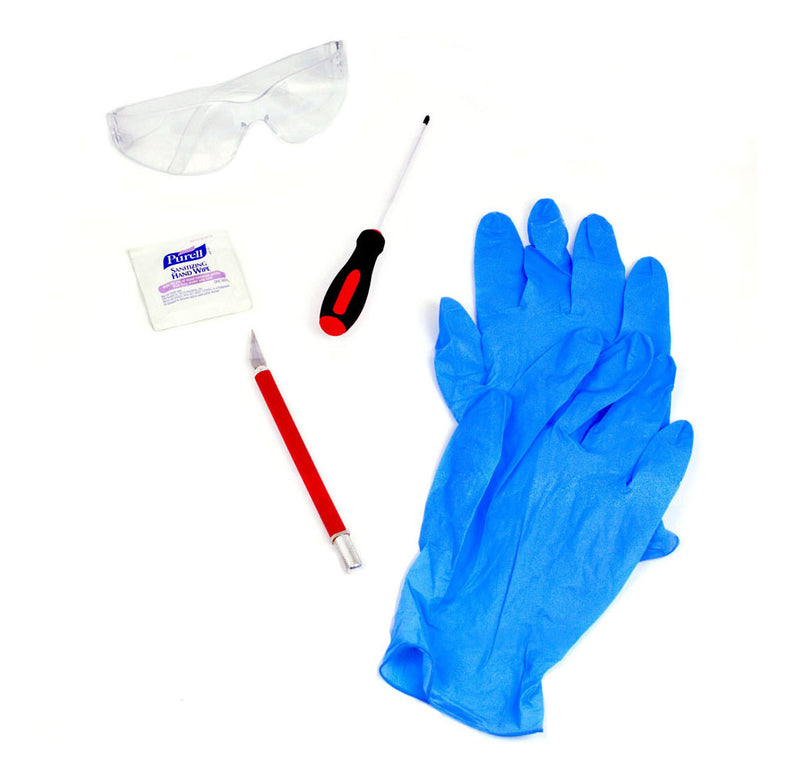 There are blue gloves, an X-ACTO knife with a red handle, a screwdriver with a red and black handle, and clear safety glasses.