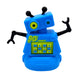 A blue robot with a tilted blocky head is pictured. The antenna and arms are black. 