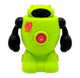 A green robot is pictured. The face and arms are black. 