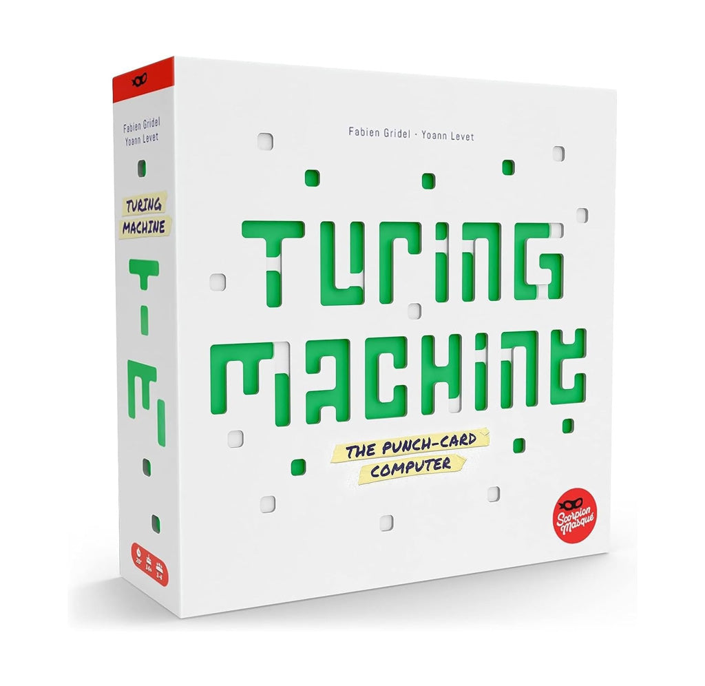 A white box with cut out letters and squares that show a green paper underneath. 