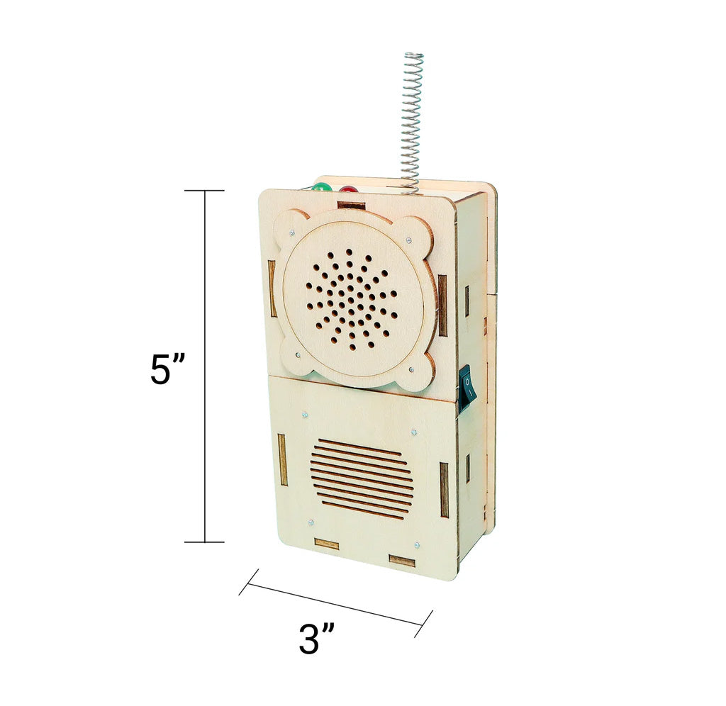 Wooden toy walkie talkie with dimensions labeled on a white background