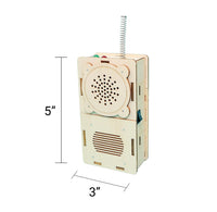 Wooden toy walkie talkie with dimensions labeled on a white background
