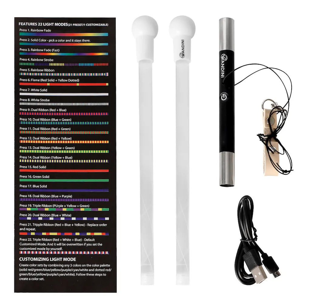 Light stick with color chart, USB cable, and accessories on a white background