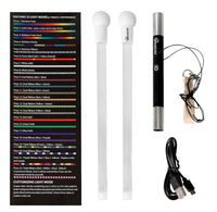 Light stick with color chart, USB cable, and accessories on a white background