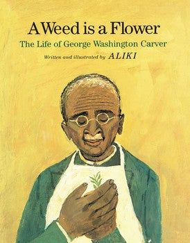 An illustration of George Washington Carver holding a weed in his hands against a yellow background