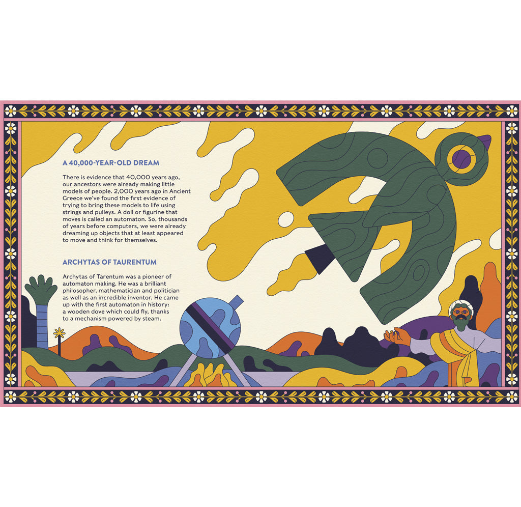 An open page of the book with a yellow background and depiction of a flying green object. A man is drawn in the bottom right corner with his arms spread wide looking towards the flying form. 