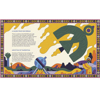 An open page of the book with a yellow background and depiction of a flying green object. A man is drawn in the bottom right corner with his arms spread wide looking towards the flying form. 