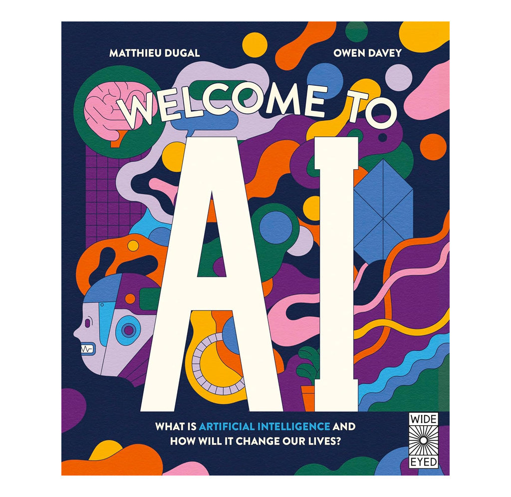 A colorful book cover. A brain and a robot head are pictured among abstract shapes and forms.