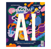 A colorful book cover. A brain and a robot head are pictured among abstract shapes and forms.