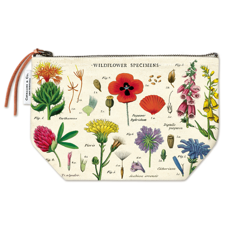 Cream colored canvas pouch with images of various wildflower specimens printed on the front. A brown cord pull is attached to the dark grey metal zipper.