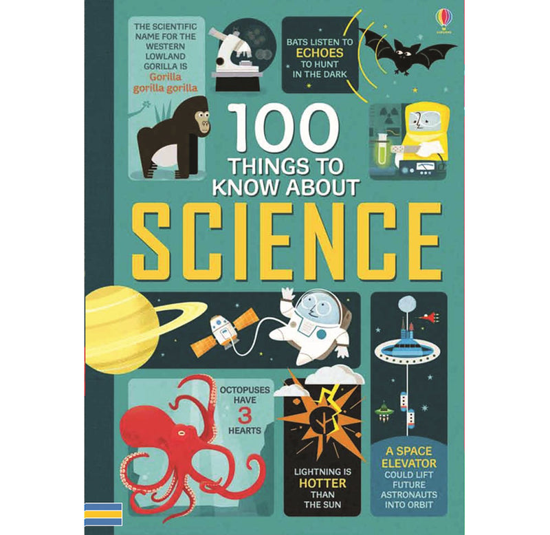 Green and yellow book cover of "100 Things to Know About Science" with illustrations and facts such as an octopus with " An octopus has three hearts."