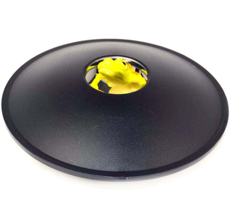 The Miracope is a black circular shape with mirrored optics that projects a green frog into a three-dimensional floating position on top. 