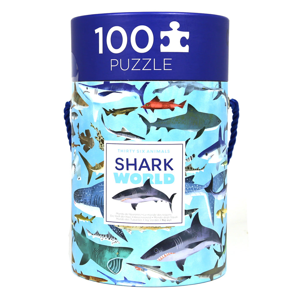Blue circular box with 36 different shark species represented.