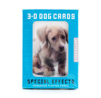 Turquoise blue playing card box with a window to show a lenticular image of a dog. 