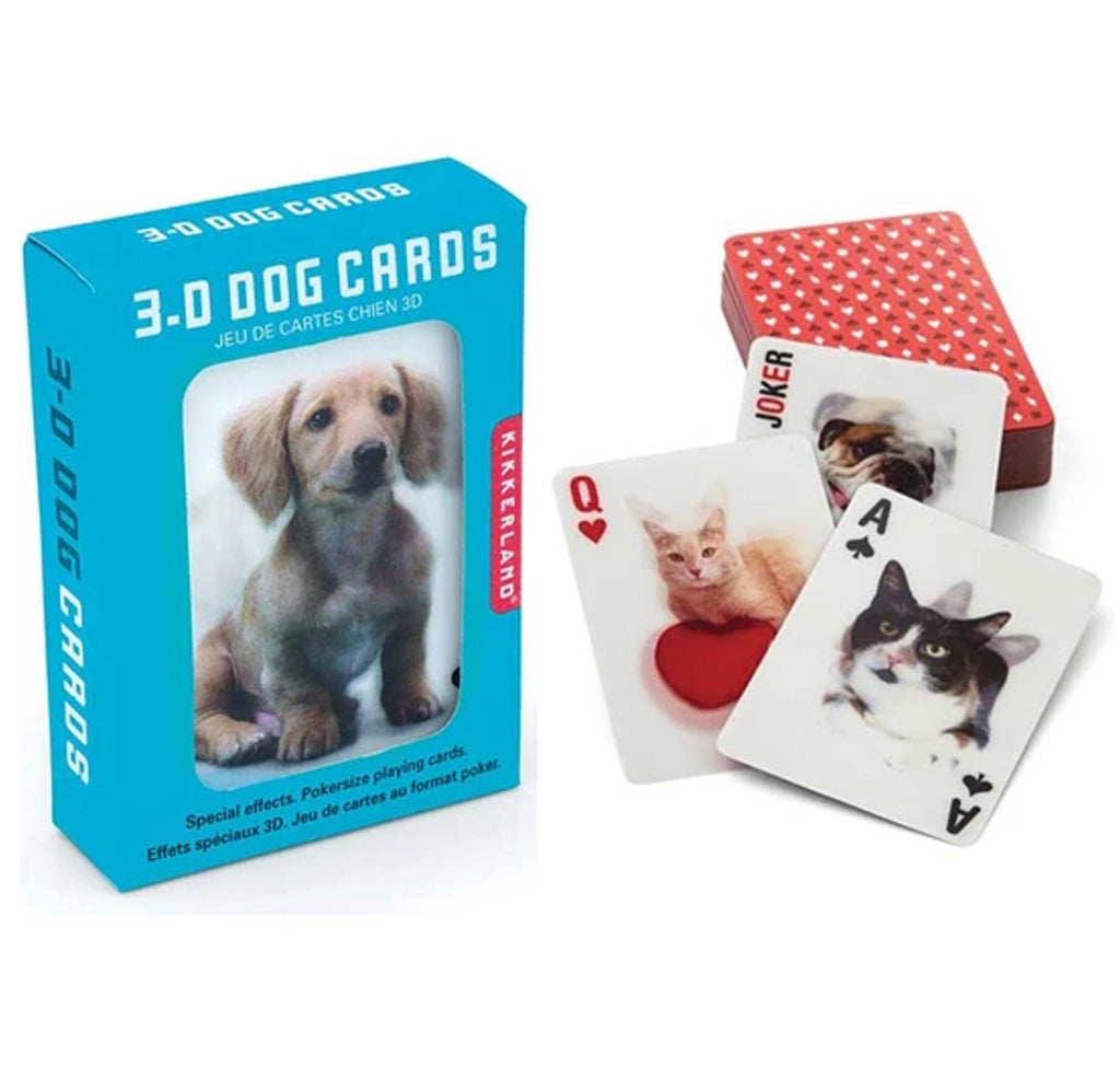 Turquoise playing card box with a window to show a lenticular image of a dog. Stack of lenticular cat and dog cards sitting next to it.