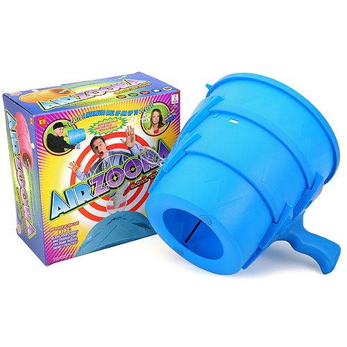 Blue circular shaped with a hole on the bottom where the air comes out. The back of the Airzooka has a plastic sheet that is pulled back to create the force. There is a handle on the bottom and a plastic scope for aiming.