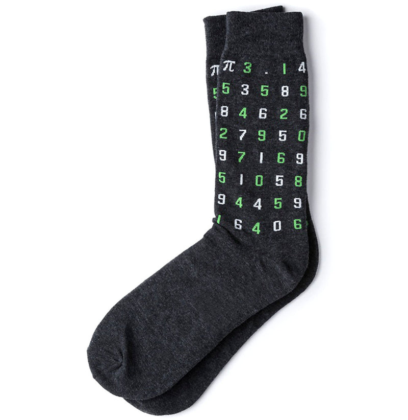 Dark gray socks with Pi symbol and 85 digits of Pi in white and green.