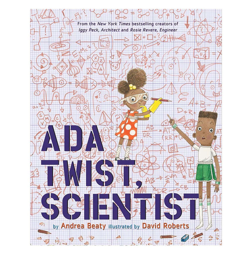 Illustrated book cover graph paper with red science and invention drawing. A young girl, Ada Twist, and her brother lookout.11.3" x 9.3" hardcover book.