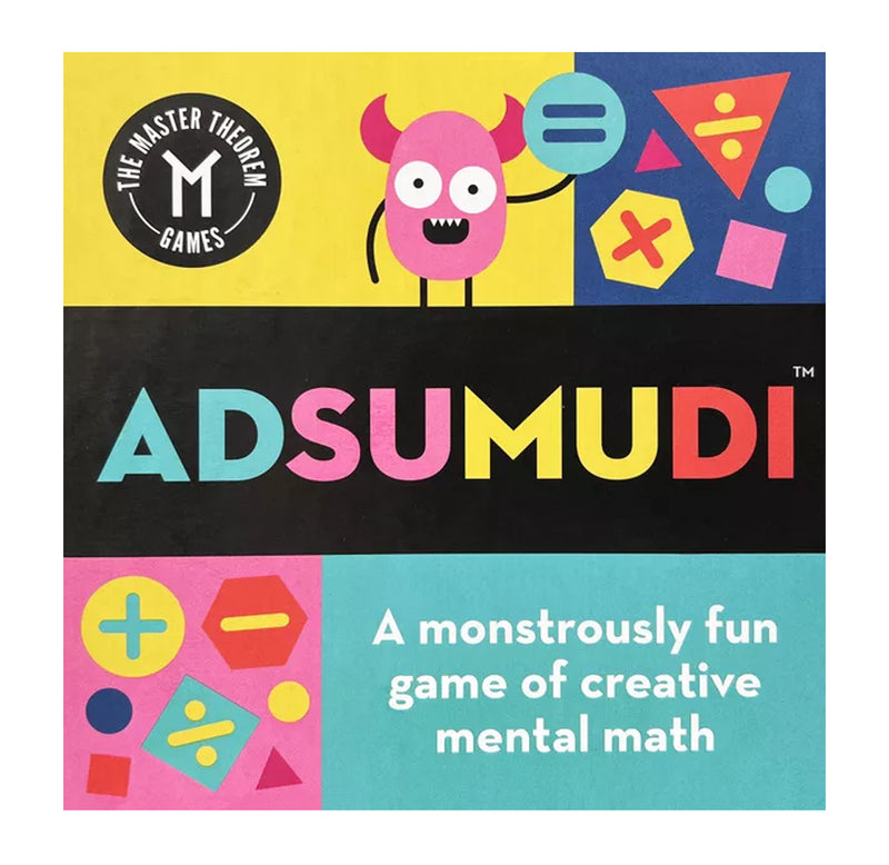 Adsumudi is a box set up in different sections with bold colors and mathematical shapes. The math monster mascot is at the top, holding an equals sign.