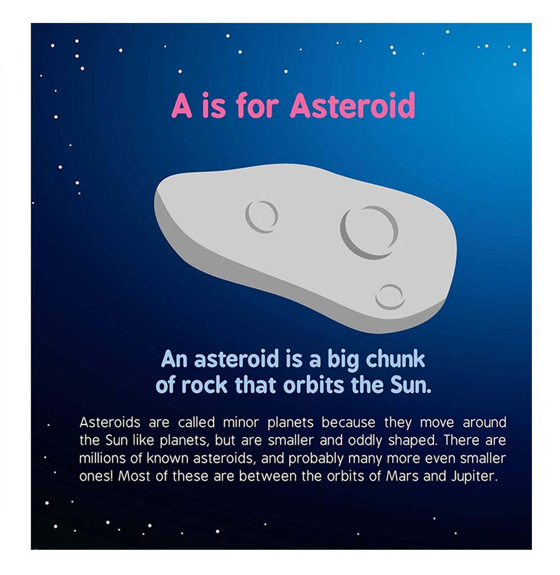Layout page. A is for Asteroid. An illustration of an asteroid floating in space. An explation of an asteroid below.