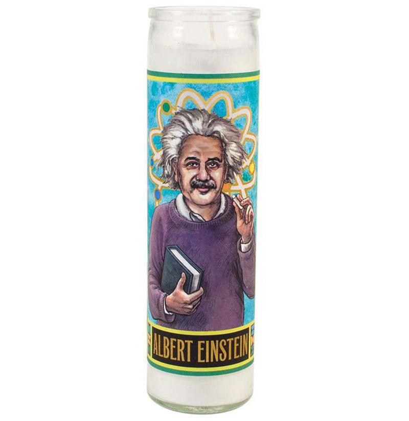 An 8-inch white candle with an illustrated image of Albert Einstein on the front. He is holding a book and a piece of chalk. There is a blue atom behind his head, and his name appears at the bottom in yellow against a black background