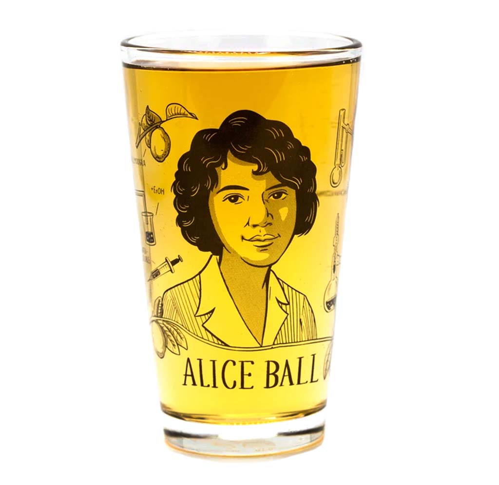 A 16oz pint glass with an image of Alice Ball with chemistry symbols around the outside printed in black. A golden beer fills the clear glass to show contrast against the black printed sections