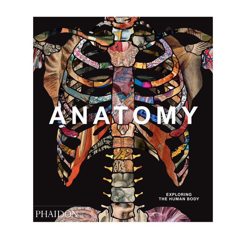 "Anatomy" is a hardback book with a black cover; an artistic collage rendering of the skeletal system with different patterned papers.
