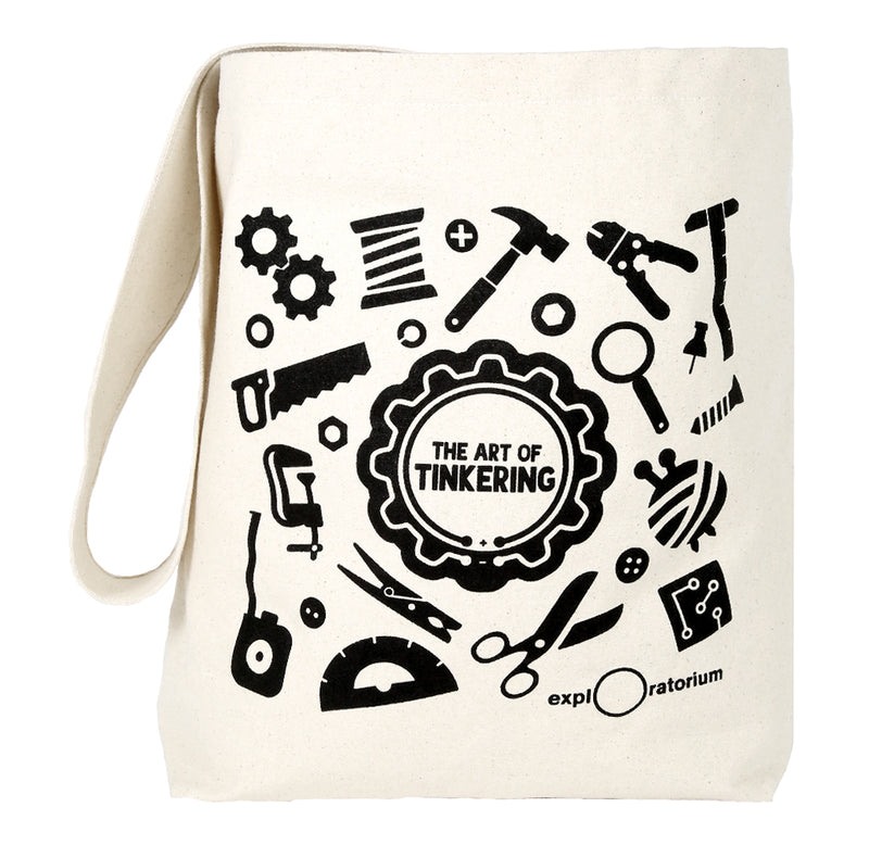 A canvas bag with tools , knitting, and circuits in black ink.