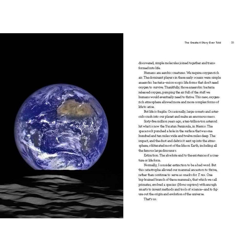 Layout page with a photographic of planet Earth from the moon. The surface of the moon is visible at the bottom of the image. Text appears on the side.