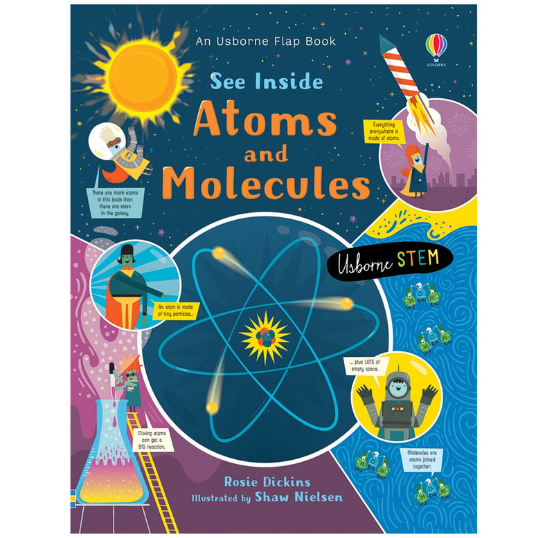 Blue cover with different properties of atoms depicted on the cover by different characters with a drawing of a large atom in the middle.
