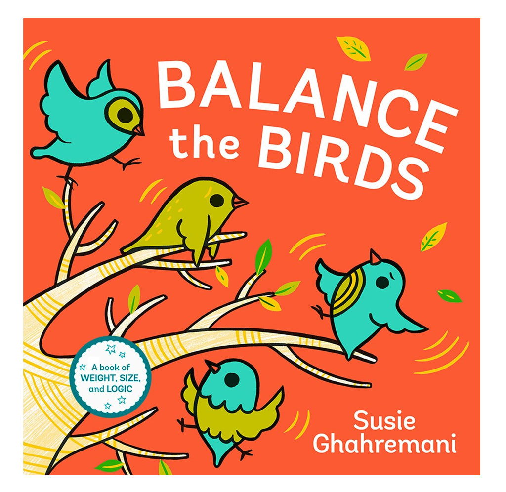 An 8" x 8" board book. The cover illustrates four blue and yellow birds happily chirping and bouncing in a white tree against an orange background. The title and text are in white.