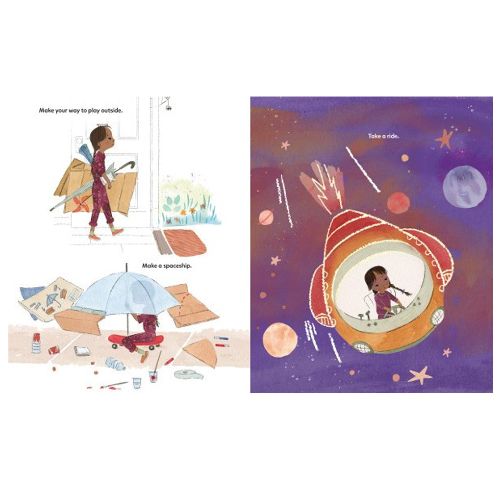 This is a layout page. It shows a young girl across two pages using her imagination to build a spaceship. In the first image, she is walking outside with cardboard, an umbrella, and tape, etc. In the next image, she is building the spaceship out of these pieces. Third, it is an image of her flying in a spaceship.