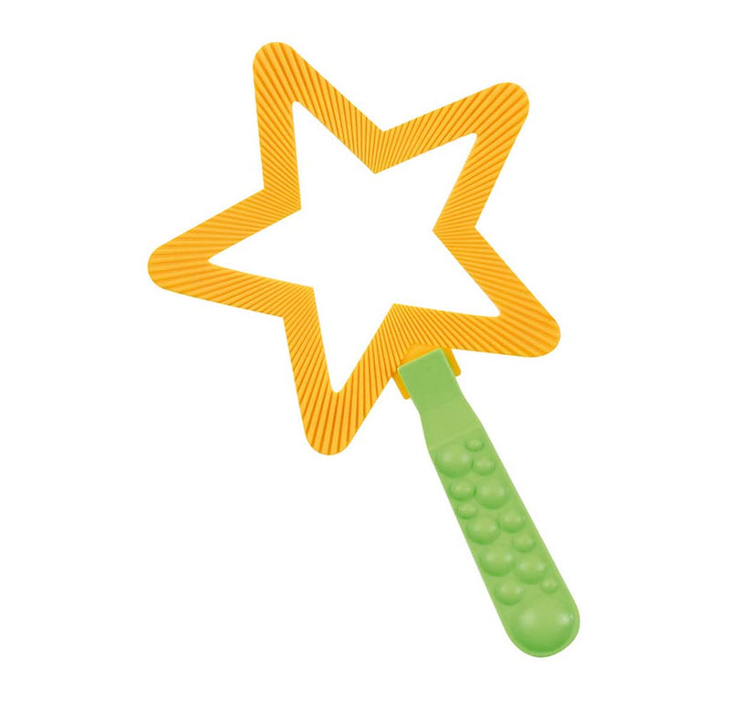 Seven-inch yellow star-shaped bubble wand with a green bumpy handle for easy gripping
