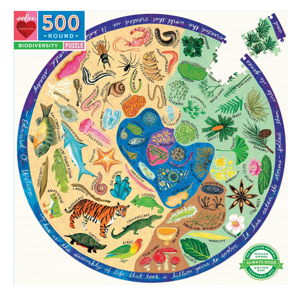 Circular 500 piece puzzle of the biodiversity of planet earth.