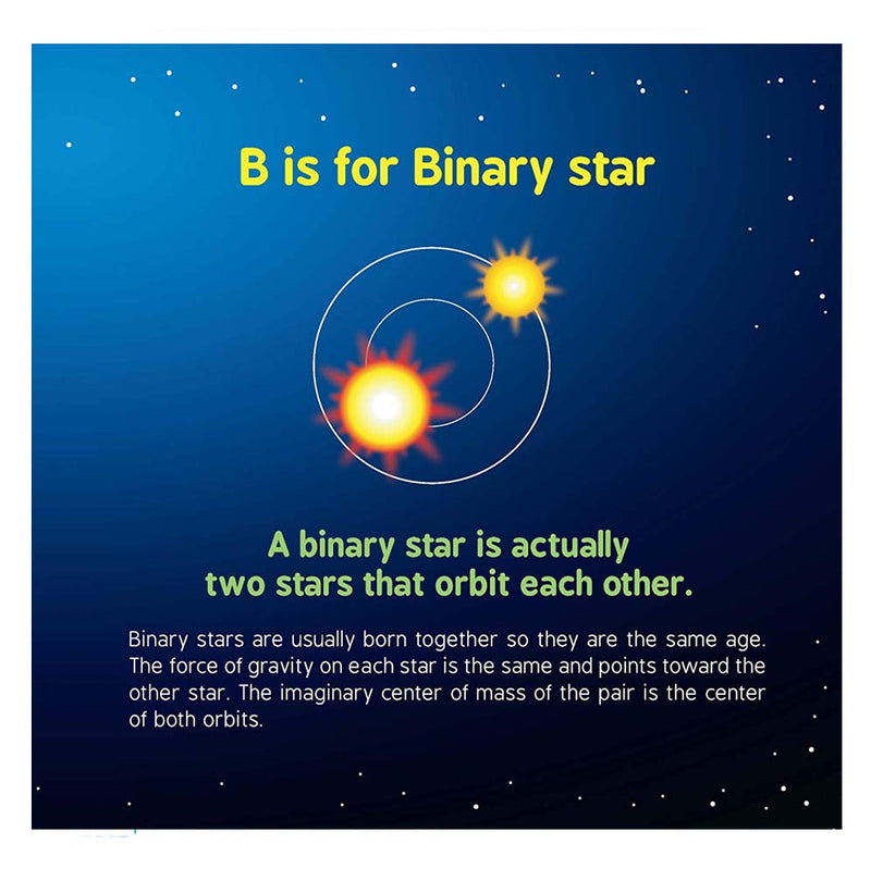 Layout page. B is for Binary star. Illustration of a two stars that orbit each other against a blue space background.