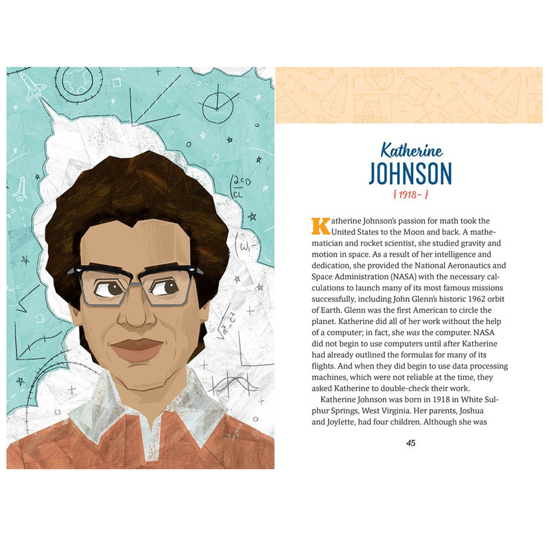 This is a layout page from the book. It is an illustrated image of Katherine Johnson. A biography appears on the side.
