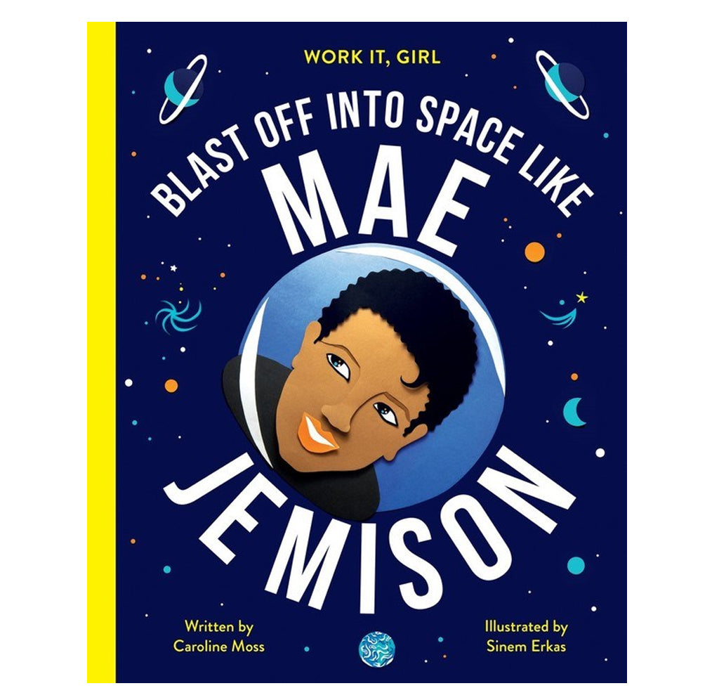 It is a hardcover 9.9" x 8.1". It is an illustrated image of Bessie Coleman looking through a window in a spaceship out into space. The vast universe surrounds her. The title is in white. The author and illustrator, and sub-title are in yellow.