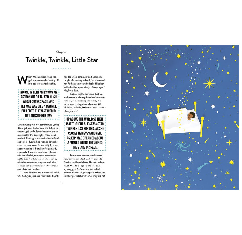 This is an image of the layout of the book. Mae sleeps in a big poster bed surrounded by the stars. The chapter is about when she was a child.