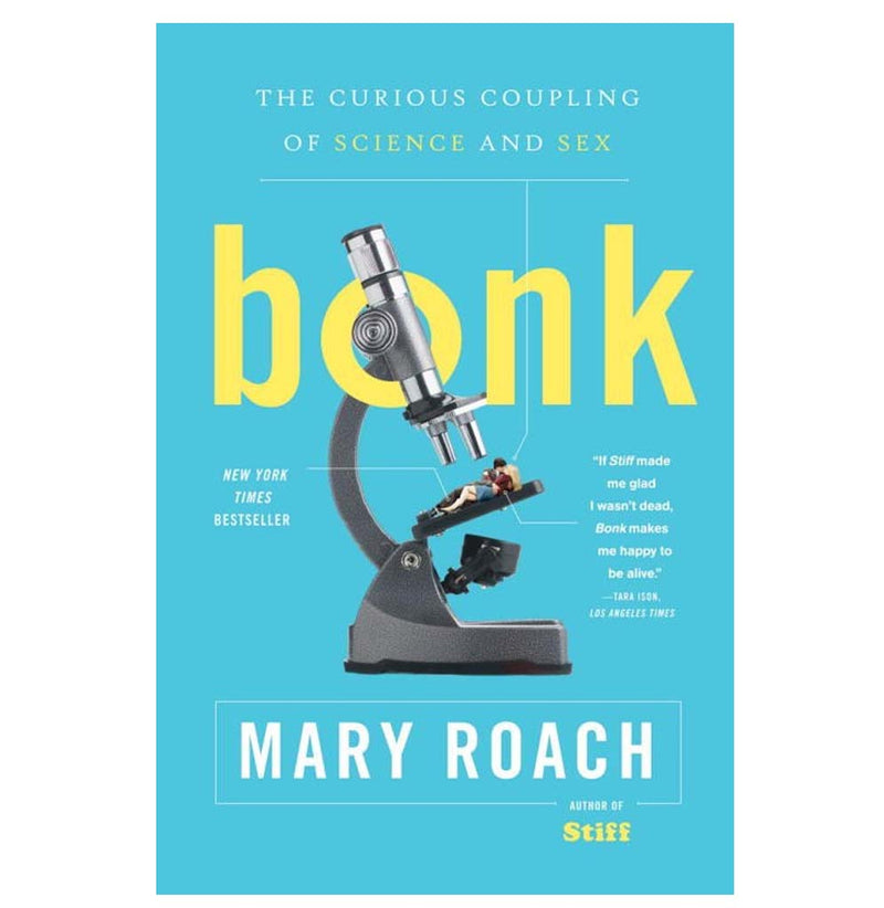 "Bonk" is a paperback book with a light blue with a microscope in the middle of the book; on the microscope where a slide would be is a couple lying down and kissing. 