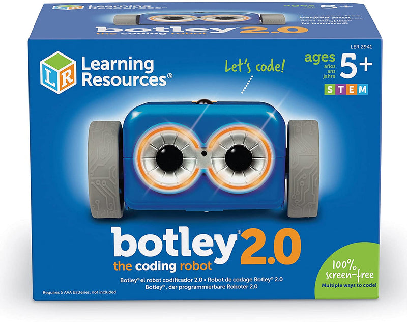 A product shot of the box is blue with a blue square robot with big eyes and grey wheels on the front.