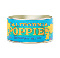 A blue canister with orange California poppies on the outside. The name and scientific name are in orange, The canister is 1.5" x 3".