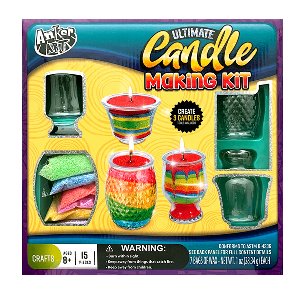 A yellow and green package with windows to show the glass candle shapes and the wax beads that are layered to create the candles. Three-lit candles offer the options.