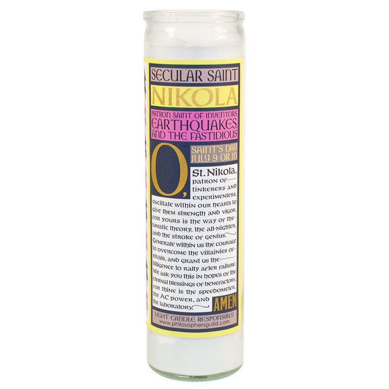 The back of the candle features the secular saint Nikola's patronage, the patron saint of inventors, earthquakes, and the fastidious. Colors of yellow, green, orange, purple, and blue with black and yellow text are featured.