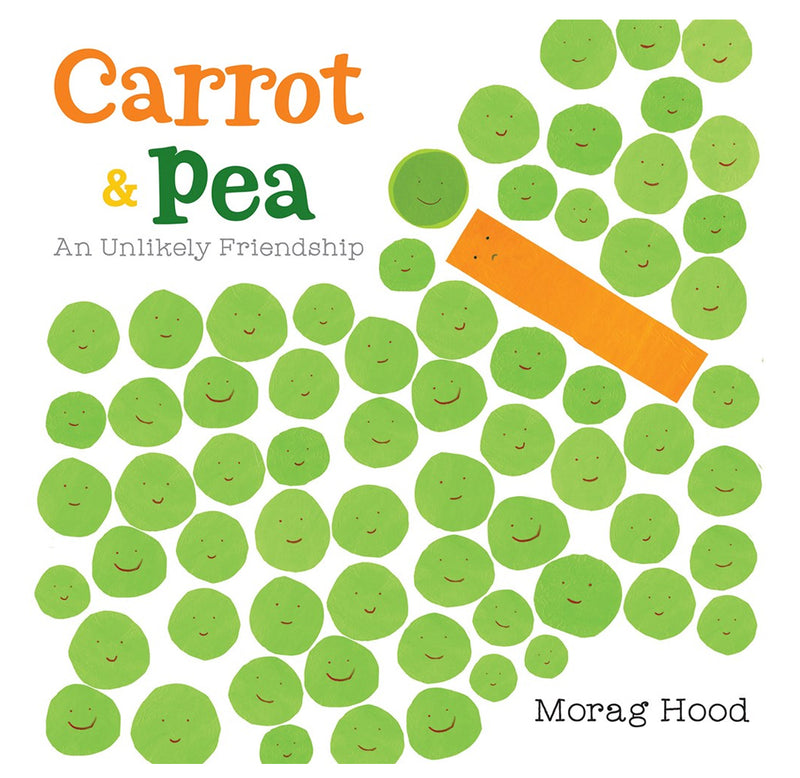 A hardcover book that is 8.7" x 8.7". The cover is a drawing of sixty-nine cute peas with smiles surrounding one carrot with an unsure look on its face.