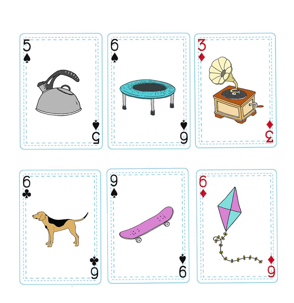 Six playing cards are sitting in two rows of three. Each card has a drawing of a different object, such as a tea kettle, a kite, a skateboard, or a dog, on them, a number, and a suit